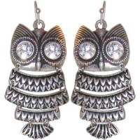 1.75 Articulated Owl Earrings with Big Rhinestone Eyes In Burnished Silver