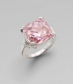 From the Giftables Collection. A sweetly colored, faceted cushion of pink crystal in a gracefully fluted setting and band of sterling silver.Pink crystal Sterling silver About ½ square Imported