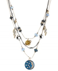 Lunar love. Betsey Johnson's illusion necklace is crafted from antique gold- and hematite-tone mixed metal, with glitter and glass crystal accents in orbit around a blue glitter moon medallion. Approximate length: 16 inches + 3-inch extender. Approximate drop: 3-1/2 inches.