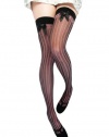 Sheer Thigh High Nylon Stocking With Opaque Vertical Stripes And Satin Bow