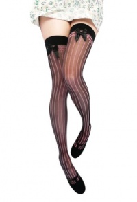 Sheer Thigh High Nylon Stocking With Opaque Vertical Stripes And Satin Bow