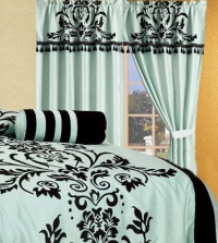 Chezmoi 2 Panel Aqua Blue and Black Floral Window Curtain/Drape Set with Valance-Treatment Drapery