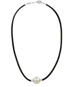 A modern spin on the traditional pearl pendant. Majorica necklace features a white, organic, man-made pearl (14 mm) strung on a trendy black leather cord. Setting and clasp crafted in sterling silver. Approximate length: 18 inches + 2-inch extender. Approximate drop: 1/2 inch.