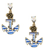 We're all on board with the nautical theme, and these blue pinstripe anchor earrings by Betsey Johnson are no exception! Crafted in brass tone mixed metal, earrings feature blue and white enamel accents and round-cut crystal studs. Approximate drop: 1-3/8 inches.