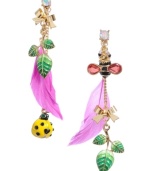 The birds, the bees, and everything in between! Betsey Johnson's funky mismatched earring style combines a ladybug, a bumblebee and triple leaf charms in vibrant enamel with hot pink feather accents and sparkling crystals. Set in gold-plated mixed metal. Approximate drop: 3 inches.