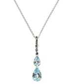 Subtle teardrops add shimmer to your neckline. Judith Jack's stunning y-shaped pendant highlights two pear-cut blue topaz (3-3/8 ct. t.w.) with sparkling marcasite at the bail (1/5 ct. t.w.). Crafted in sterling silver. Approximate length: 16 inches. Approximate drop: 1-5/8 inches.