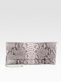 Luxurious python in a sleek and chic flap design with a concealable chain strap.Concealable chain shoulder strap, 14 dropMagnetic flap closureOne inside zip pocketSuede lining12W X 5¾H X ¾DImported