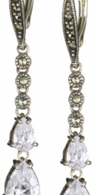 Judith Jack Sterling Silver with Marcasite and Cubic Zirconia Double Drop Earrings