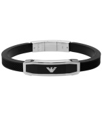 Status symbol. This Emporio Armani men's bracelet features the company logo set in black onyx (40 mm x 10 mm). Bracelet band is crafted from silicone with a stainless steel setting and clasp. Approximate length: 8 inches.