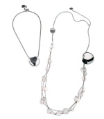 Two elegant looks combine into one chic style. Breil's versatile necklace can be worn as a single heart pendant, or as a long necklace accented by shimmering Mother of Pearl charms. Crafted in polished stainless steel. Approximate length: 14 inches + 4-inch extender. Approximate drop: 1-1/10 inches.