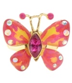 Flit, flutter and fly. Betsey Johnson's fabulous butterfly ring makes a bold and vibrant statement in hot pink and orange enamel with sparkling clear crystals on the wings and a hot pink crystal body. Set in gold-plated mixed metal. Ring stretches to fit finger.