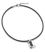 Bold style, endless cool. This trendy Cave collection pendant necklace from Breil features a genuine black leather cord, a polished stainless steel lobster clasp and rectangular pendant with engraved logo and black carbon fiber detail. Approximate length: 17-1/2 inches + 2 inch extender. Approximate drop: 1 inch.