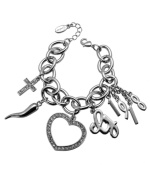 Show your love for GUESS! This charmer of a bracelet from GUESS features a cut-out heart charm and cross charm embellished with crystal accents. Finished with solid logo charms. Set in imitation rhodium silver tone mixed metal with a lobster claw clasp. Approximate length: 7-1/2 inches. Approximate drop: 1 inch.