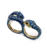 Snake charming style, by RACHEL Rachel Roy. Two-finger snake ring crafted from hematite-plated mixed metal and blue epoxy covered in sparkling sapphire crystals. Adjustable sizing; one size fits most.