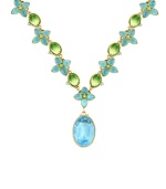 Get a fresh new look for spring by stepping up your accessory collection. 2028's statement necklace features bright blue zircon and oval-cut green crystals set in brass tone mixed metal. Approximate length: 16 inches + 3-inch extender. Approximate drop: 1-1/2 inches.