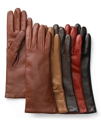 Soft, luxurious leather gloves. With five colors to choose from, you can easily match one to each of your winter coats. Cashmere lined. You'll love them in this longer length.