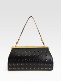 A modern and avant-garde brand with beautifully-crafted pieces such as this luxurious, perforated leather style.Top handle, 8 dropTop clasp closureInside pocketsFully lined12¾W X 7H X 4DMade in Italy