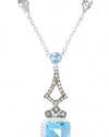 Badgley Mischka Fine Jewelry Cushion Cut Blue Topaz, White and Champagne Colored Diamonds Drop Pendant Necklace, 18