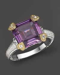 18K yellow gold hearts detailed in white sapphires frame a brilliant purple crystal. From Judith Ripka.