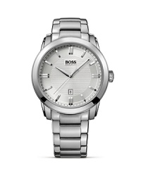 The HB 1017 family features a large, bold case for a strong presence on the wrist. Bold applied indexes on the silver dial and a brushed and polished stainless steel bracelet complete the look. From HUGO BOSS.