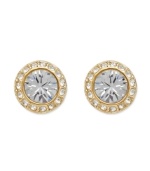 For a look that shines, yet subtle enough for every day style. Swarovski's chic, circle studs feature a round-cut crystal center stone surrounded by sparkling crystal edges. Crafted in gold tone mixed metal. Approximate diameter: 1/3 inches.