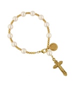 Get symbolic style with rosary-themed jewelry by Vatican. This unique bracelet features a crucifix and The Vatican Library Collection charm with polished glass pearls strung on a delicate gold tone mixed metal chain. Approximate length: 7-1/2 inches. Approximate charm drop: 1-3/4 inches.