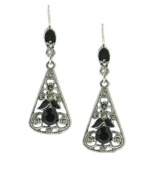 Featuring a unique lantern silhouette with intricate detailing, 2028's drop earrings are embellished with jet black enamel stones. Crafted in hematite tone mixed metal. Approximate drop: 2 inches.