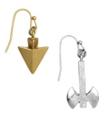 Look sharp this season. RACHEL Rachel Roy's drop earrings flaunt cutting-edge style with spike and axe designs. Crafted in worn gold and silver tone mixed metal. Approximate drop (spike): 5/8 inch. Approximate drop (axe): 7/8 inch.