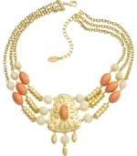 Whisk yourself away with this exotic style. T Tahari's chic statement necklace from the Marrakesh Collection features triple rows of warm gold, coral and sand resin beads with a unique triangular-shaped pendant. Base metal is nickel-free for sensitive skin. Approximate length: 17 inches + 3-inch extender. Approximate drop: 3-1/2 inches.