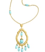 Infuse your look with a little Moroccan inspiration. T Tahari's exotic pendant from the Marrakesh Collection highlights a unique, cut-out wrapped pendant with bright turquoise resin beading. Crafted in warm gold tone mixed metal. Base metal is nickel-free for sensitive skin. Approximate length: 32 inches. Approximate drop: 3-1/2 inches.