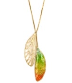 From highlights to fresh accessories, it's all about the ombre. A pretty palette of orange, yellow and green decorate this delicate wing necklace from RACHEL Rachel Roy. This two-tier pendant shines in gold-plated mixed metal and polished enamel. Approximate length: 26 inches + 2-inch extender. Approximate drop: 3 inches.