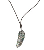 Stand apart from the flock in this free-spirited style. Fossil's fashionable feather pendant features abalone shell inlay and clear crystal pave. Cord crafted from chocolate brown leather with a lobster claw clasp. Approximate length: 24 inches + 2-inch extender. Approximate drop: 2-3/4 inches.