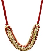 Red hot and totally fabulous. FALCHI by Falchi's crimson frontal necklace combines an intricate woven design with bright red suede. Mesh accents and clasp crafted in gold tone mixed metal. Approximate length: 36 inches.