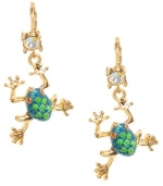 Get your fix with these funky frogs. Betsey Johnson's antique gold tone mixed metal earrings feature fun blue glitter frogs with green and gold details and crystal accents. Approximate drop: 1-1/2 inches.