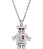 Eliot Danori brings you...the future of fab style. This glistening robot pendant has got all the right moves with pave-set red and clear crystal accents. Set in rhodium-plated mixed metal. Approximate length: 16 inches + 2-inch extender. Approximate drop: 1-1/2 inches.