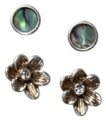 Pretty and petite. Fossil's chic stud earrings set combines round-cut abalone and crystal flowers in silver tone mixed metal. Approximate diameter (abalone): 1/4 inch. Approximate diameter (flower): 3/10 inch.