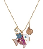 Betsey Johnson's deep-blue-sea pendant combines a pink and white fish with crystal accents and gold tone details with a gold tone seashell, turquoise starfish and small crystal heart. Crafted in antique gold tone mixed metal. Approximate length: 16 inches + 3-inch extender. Approximate drop length: 1-1/4 inches. Approximate drop width: 1-1/4 inches.