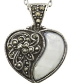 Embrace your hopeless romantic side with City by City's heart pendant necklace. With an intricate design and marcasite stones, there's a gorgeous mother-of-pearl accent at one side. Crafted in antiqued silver tone mixed metal, it's nickel-free for sensitive skin. Approximate length: 15 inches + 3-inch extender. Approximate drop: 1 inch.