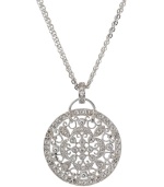 Filled with intricate beauty, this glittering CRISLU pendant features round-cut cubic zirconias (1-2/5 ct. t.w.) set in platinum over sterling silver. Approximate length: 16 inches + 2-inch extender. Approximate drop: 1 inch.