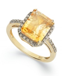 Make a sophisticated statement with this 10k gold ring. An emerald-cut citrine (2-1/2 ct. t.w.) is offset by diamonds (1/8 ct. t.w.) for a stunning effect.