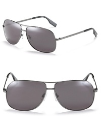 Hugo Boss' navigator sunglasses, a timeless classic now in a modified silhouette with polarized lenses.