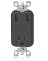 Leviton T5630-E 15-Amp 125-volt 2.1-Amp High Speed USB Charger/Tamper-Resistant Receptacle, Black