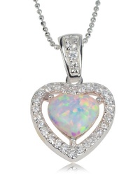 Sterling Silver Opal and Cubic Zirconia Heart Pendant, Comes on an 18 Sterling Silver Diamond Cut Ball Chain, Gift Box