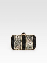 A hand-crafted crystal encrusted design with floral panels that is a true work of art.Detachable chain shoulder strap, 9 dropPush-lock closureMetallic leather lining6W X 4H X 1½DMade in Italy