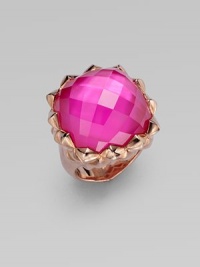 From the Pop Superstud Collection. A faceted square of pink sapphire quartz is layered over mother-of-pearl, creating richness and depth in this striking ring with a spiky zigzag setting.Pink sapphire quartz and white mother-of-pearlRose goldplated sterling silverAbout 1 squareImported