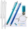 The Friendly Swede (TM) 2 Pack of Micro-Knit Hybrid Fiber Tip Capacitive Stylus Pens 5.2 + 4 x 15'' Rubberized Steel and Elastic Tether Lanyards + Cleaning Cloth (Aqua Blue + Dark Blue)