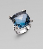 From the Cushion on Point Collection. A split cable band of sterling silver holds a faceted cushion of Hampton blue topaz, with shimmering pavé diamonds at the corners. Blue topaz Diamonds, 0.12 tcw Sterling silver About ¾ square Made in USA