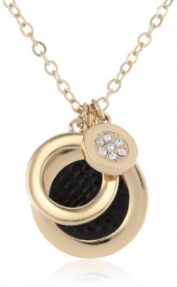 Anne Klein Dalton Black Gold-Tone Black Leather Shaky Pendant Necklace