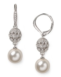 Shapely simulated pearls lend have-forever allure to this pair of simple Nadri drop earrings sparked with crystal accents.