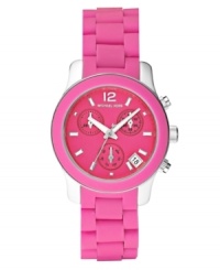 Hot pink takes this structured steel watch to playful levels, by Michael Kors.